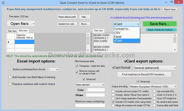 Opal-Convert Excel to vCard to Excel